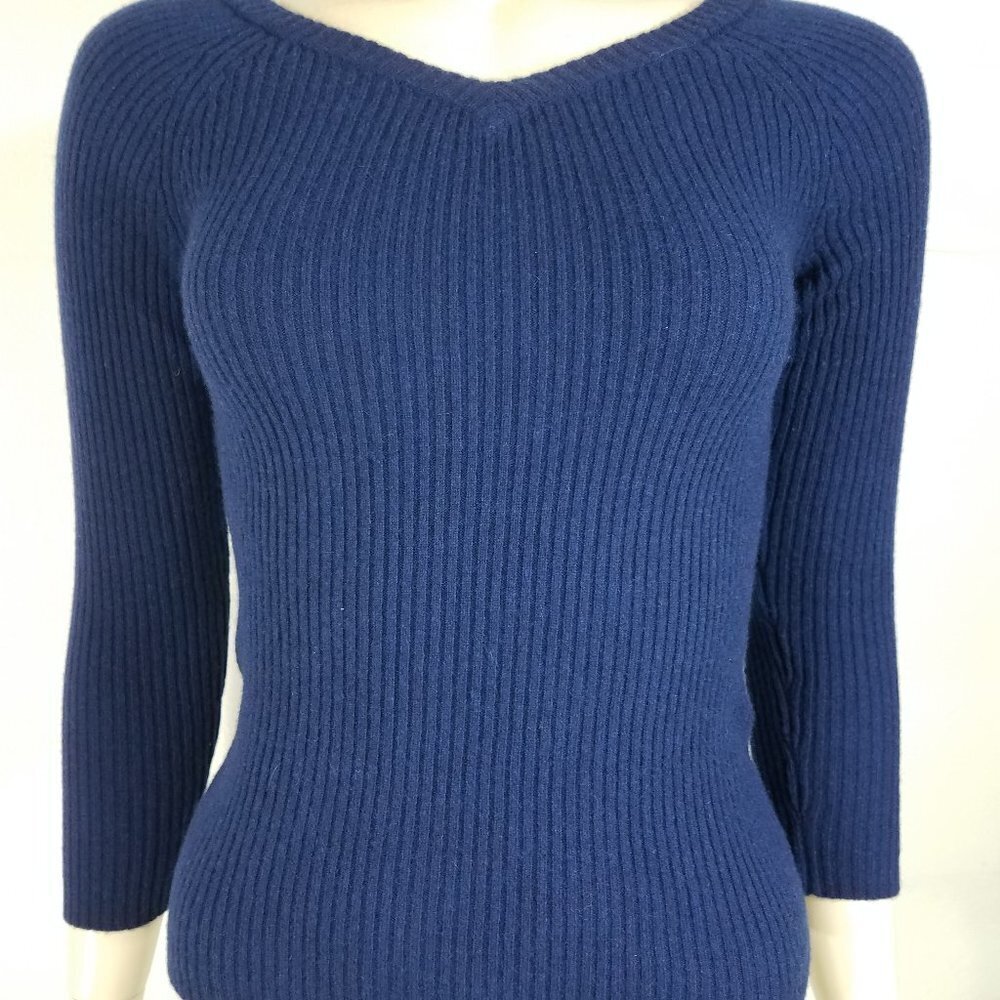 State Cashmere blue ribbed V-Neck pullover sweater ladies X-Small XS